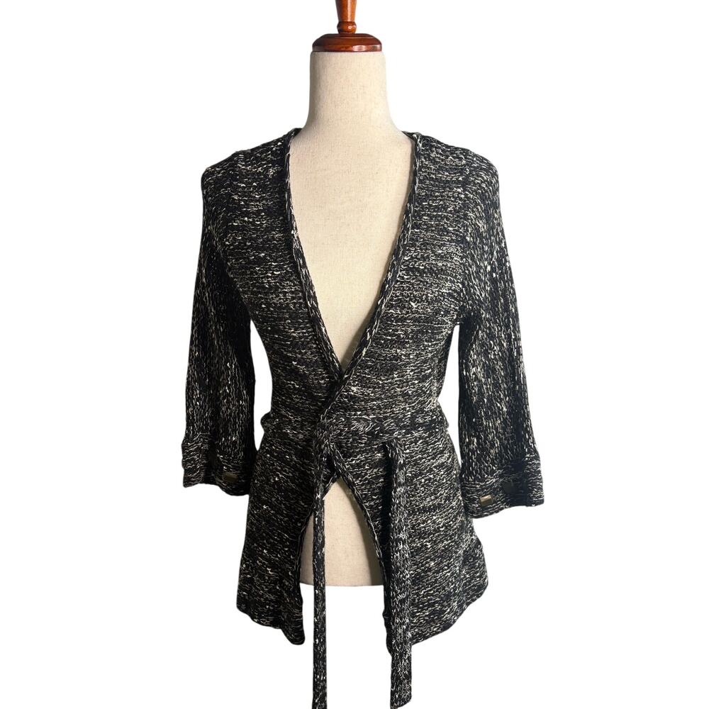 BCBG MaxAzria Black White Marled Knit Wrap Cardigan Belted Size M